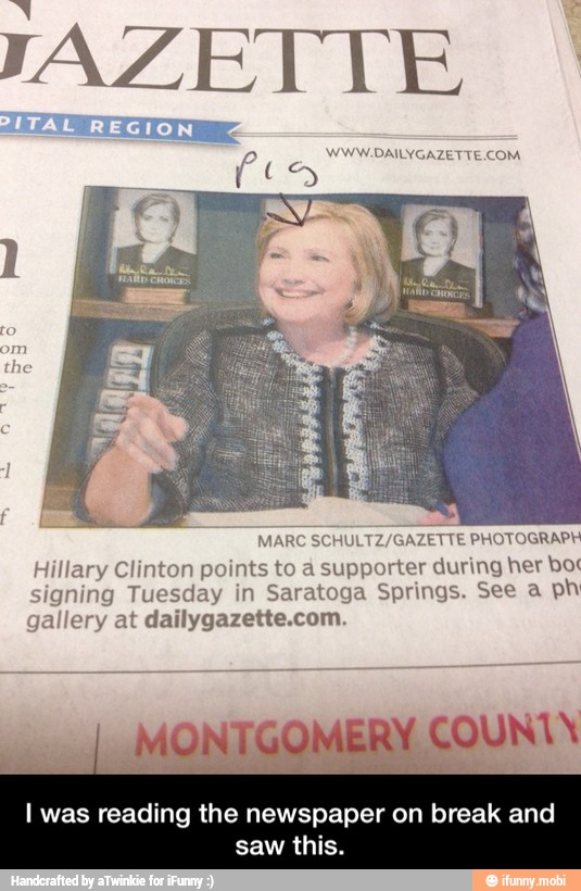 MARC SCHULTZ/GAZETTE PHOTOGRAPH
Hillary Clinton points to à supporter during her bos
signing Tuesday in Saratoga Springs. See a y
gallery at dailygazette.com.
I was reading the newspaper on break and
saw this. - I was reading the newspaper on break and saw this.