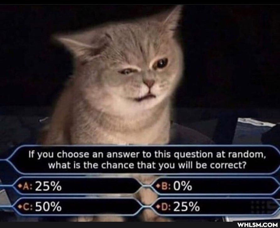 If you choose an answer to this question at random, what is the chance that you will be correct?
25% 0%
50% 25%