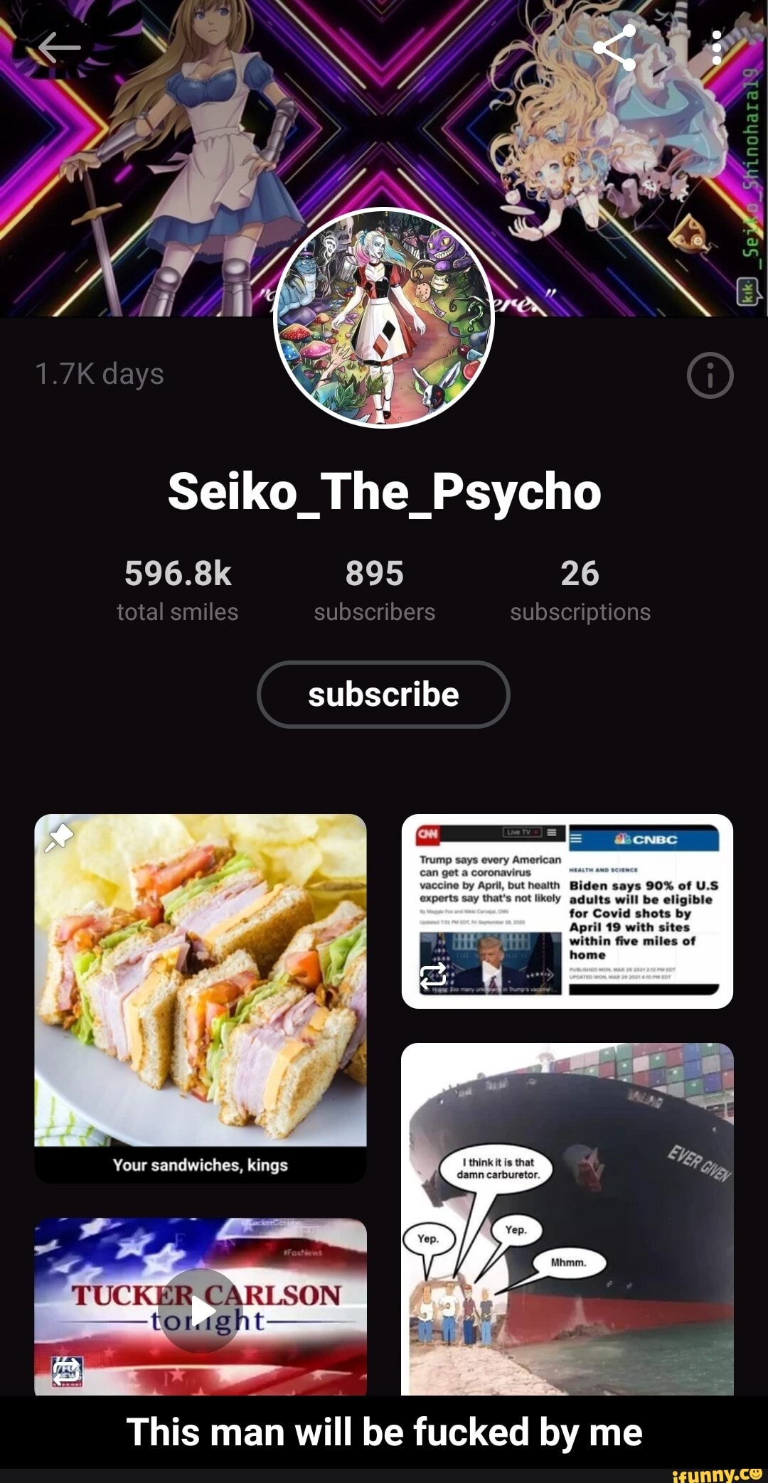 Shinoharalg
1.7K days
Seiko_The_Psycho
596.8k 895 26
subscribers eubscrintions subscribers
subscribe
ith Biden says 90% of U.S
'snot likely adults will be eligible for Covid shots by
April 19 with sites within five miles of home
Your sandwiches, kings
TUCKER CARLSON
-tonight-
This man will be fucked by me - This man will be fucked by me