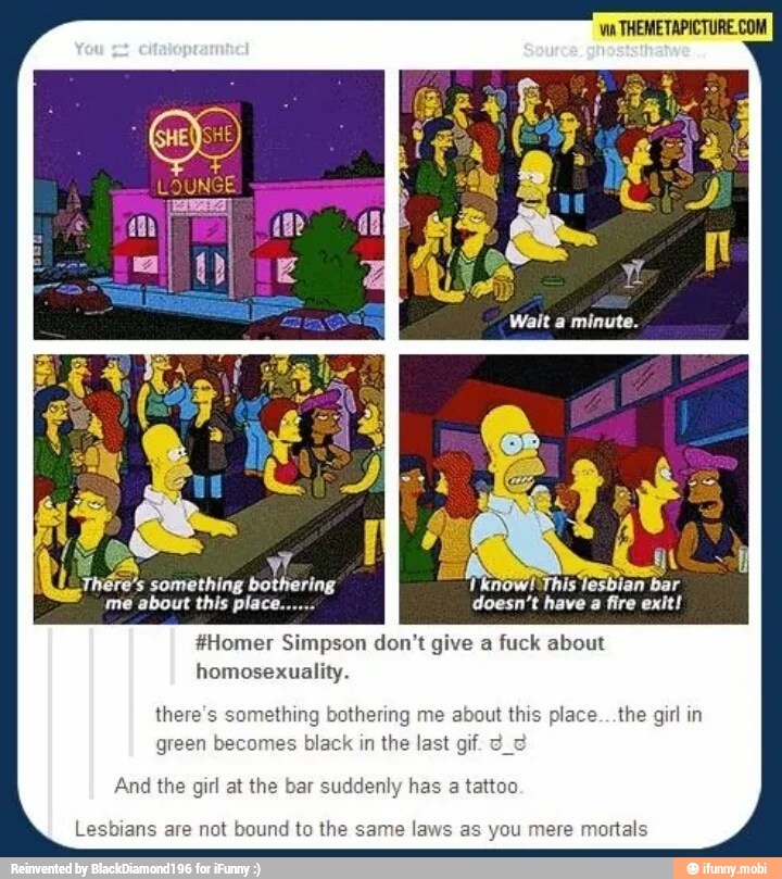 va THEMETAPICTURE.COM
Wait a minute.
Thêre's something bothering T know! This lesbian bar
me about this piace. doesn't have a fire exit!
&Homer Simpson don't give a fuck about
homosexuality.
ering m
place...the girl in
in the la:
And the girl at the has
tattoo
are not bound to th