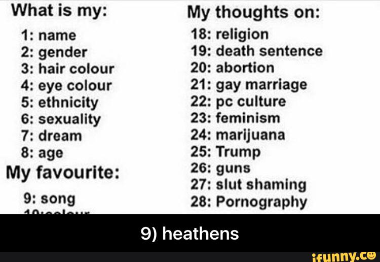 What is my: My thoughts
1: name 18: religion
2: gender 19: death sentence
3: hair colour 20: abortion
4: eye colour 21: gay marriage
5: ethnicity 22: pc culture
6: sexuality 23: feminism
7: dream 24: marijuana
8: age 25: Trump
My favourite: ªº: ª"“
27: slut shaming
9- song 28: Pornography
9) heathens - 9) heathens
