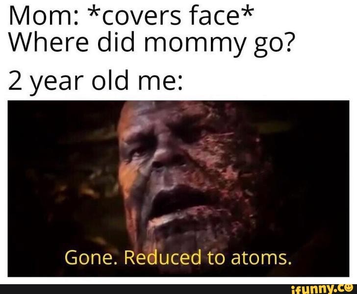 Mom: *covers face*
Where did mommy go?
2 year old me:
Gone. Reduced to atoms.