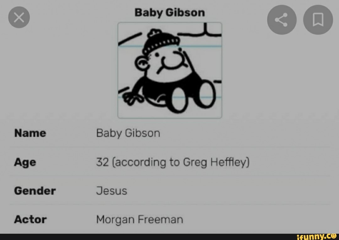 Name
Age
Gender
Actor
Baby Gibson
Baby Gibson
32 (according to Greg Heffley)
Jesus
Morgan Freeman