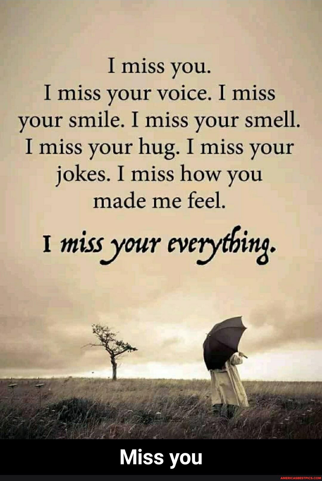 I miss you.
I miss your voice. I miss your smile. I miss your smell.
I miss your hug. I miss your jokes. I miss how you made me feel.
I miss your everything.
Miss you - Miss you