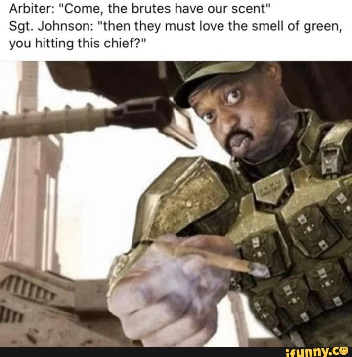 Arbiter: "Come, the brutes have our scent"
Sgt. Johnson: "then they must love the smell of green, you hitting this chief?"