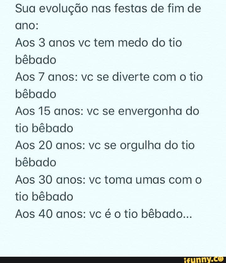 Sua evolução nas festas de fim de
ano:
Aos 3 anos vc tem medo do tio
bêbado
Aos 7 anos: vc se diverte com o tio
bêbado
Aos 15 anos: vc se envergonha do
tio bêbado
Aos 20 anos: vc se orgulha do tio
bêbado
Aos 30 anos: vc toma umas com o
tio bêbado