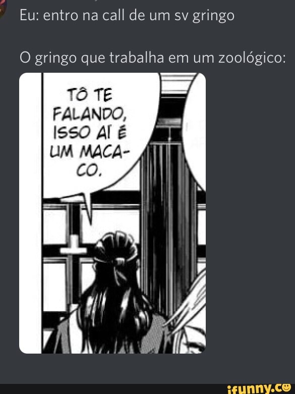 Eu: entro na call de um sv gringo
O gringo que trabalha em um zoológico:
Tô TE FALANDO,
ISSO Al É UM MACA-