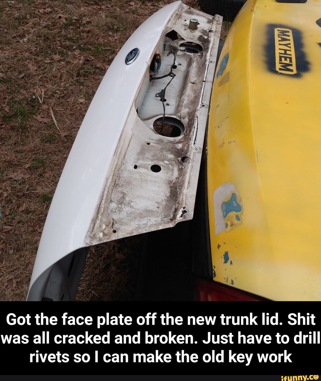 Got the face plate off the new trunk lid. Shit was all cracked and broken. Just have to drill rivets so I can make the old key work - Got the face plate off the new trunk lid. Shit was all cracked and broken. Just have to drill rivets so I can make the old key work