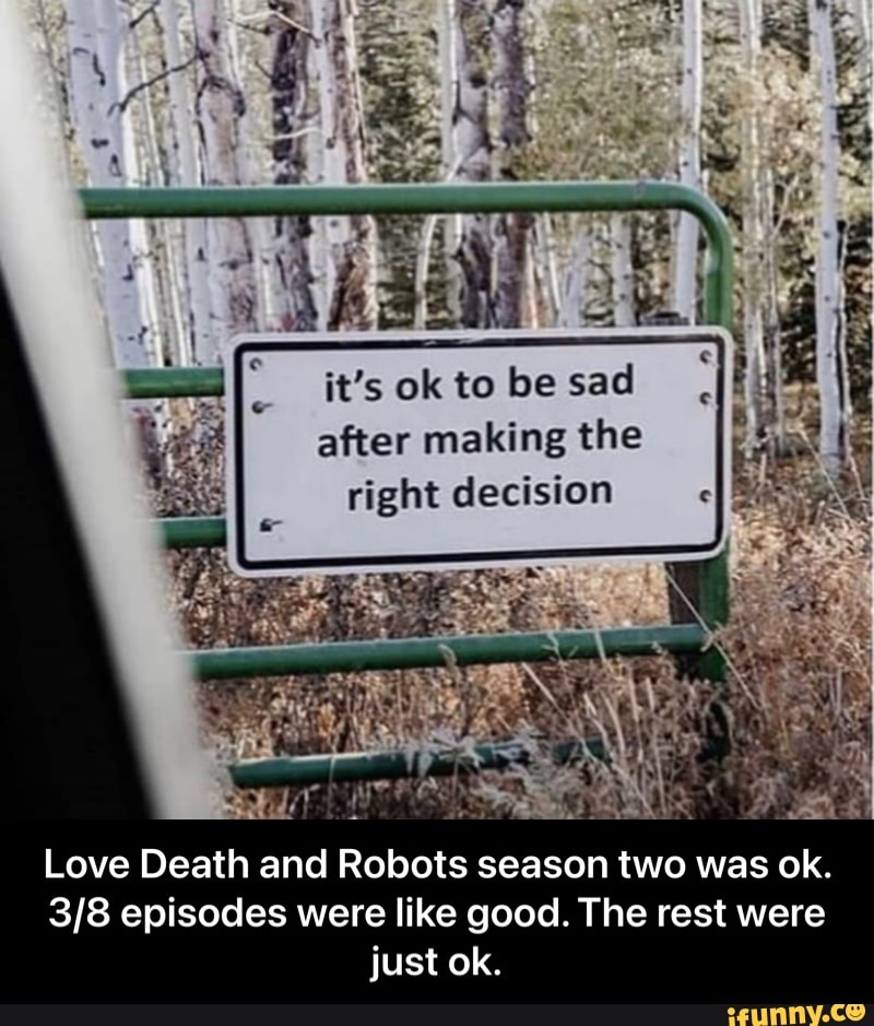 it's ok to be sad after making the right decision
Love Death and Robots season two was ok.
episodes were like good. The rest were just ok. - Love Death and Robots season two was ok. 3/8 episodes were like good. The rest were just ok.