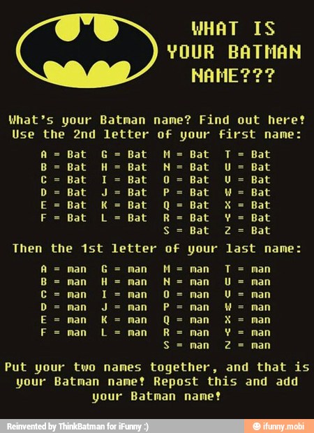 WHAT IS
YOUR BATHAN
What's your Batman name? Find out heret
Use the 2nd letter of your first name:
Bat
Bat
Bat 2
Bat
Then the 1st letter of your last name:
man
man
Put your two names together, and that is
your Batman name? Repost this and add