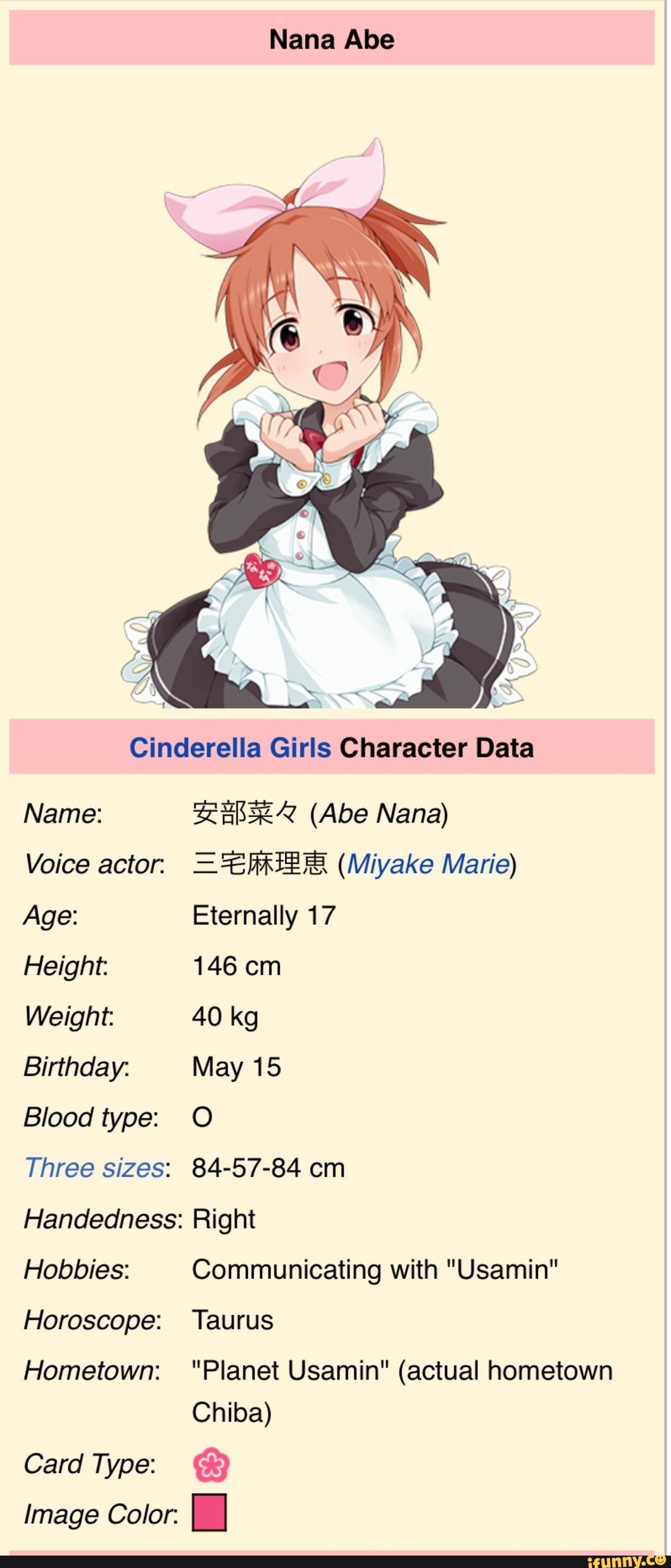 Nana Abe Cinderella Girls Character Data Name: Voice actor. Age: Height ...