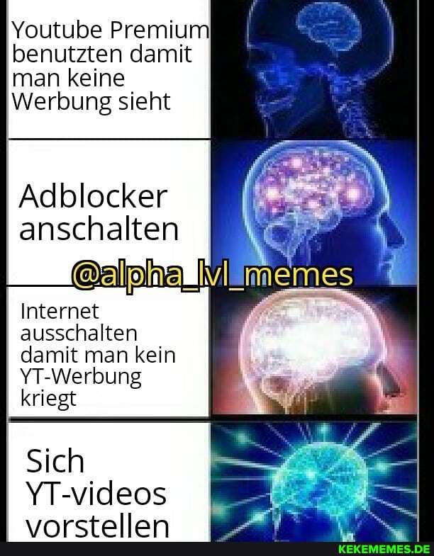 Youtube Premium benutzten damit man keine
Werbung sieht
Adblocker anschalten
Internet ausschalten damit man kein
YT-Werbung kriegt
Sich
YT-videos
