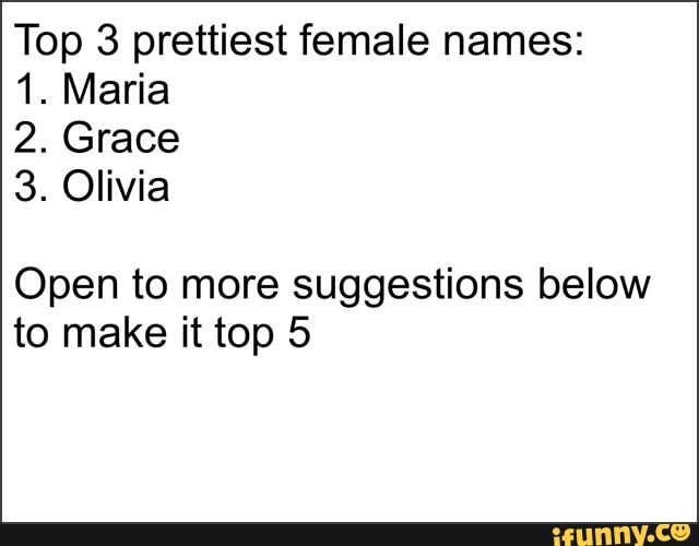 Top 3 prettiest female names 1. Maria 2. Grace 3. Olivia Open to more