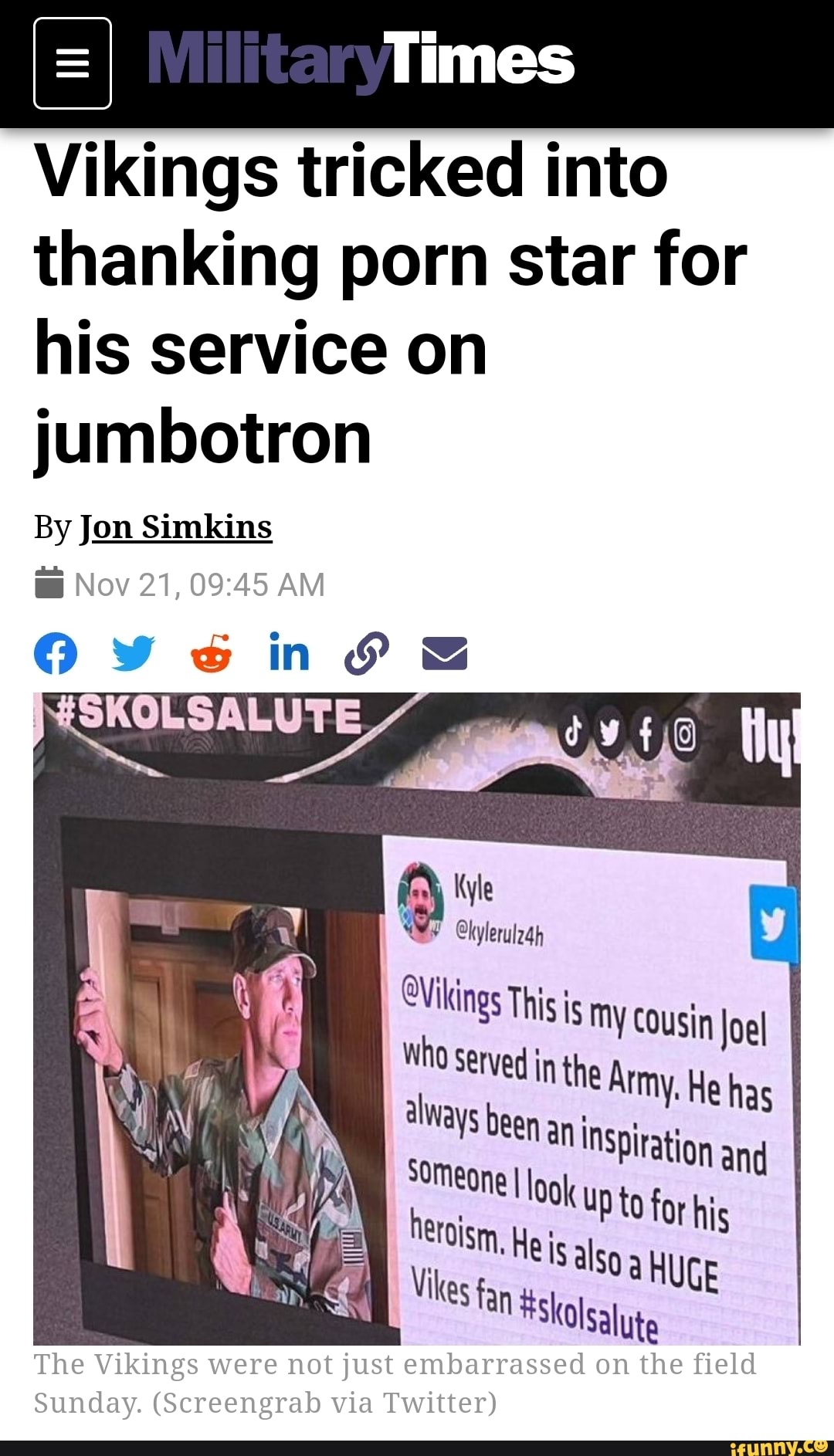 Times Vikings tricked tar for thanking porn star his service on jumbotron  By Jon Simkins Nov