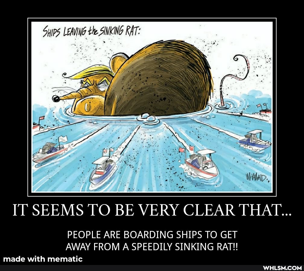 LENING te SINKWNG RAT:
WHIAD.,
IT SEEMS TO BE VERY CLEAR THAT...
PEOPLE ARE BOARDING SHIPS TO GET AWAY FROM A SPEEDILY SINKING RAT!!