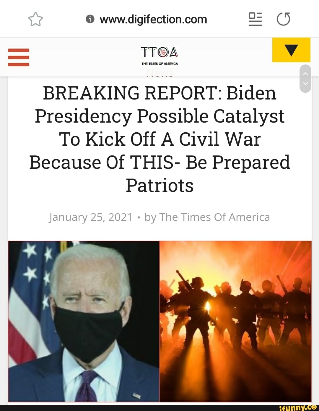 TTOA
BREAKING REPORT: Biden
Presidency Possible Catalyst
To Kick Off A Civil War
Because Of THIS- Be Prepared
Patriots
January 25, 2021 by The Times Of America