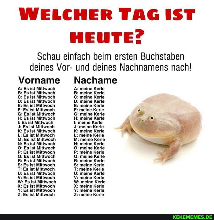 WELCHER TAG IST HEUTE?
Schau einfach beim ersten Buchstaben deines Vor- und deines Nachnamens nach!
Vorname Nachame
A: Es ist Mittwoch A: meine Kerle
B: Es ist Mittwoch eine Kerle
Es ist Mittwoch eine Kerle
Es ist Mittwoch eine Kerle
Es ist Mittwoch eine Kerle
F: Es ist Mittwoch meine Kerle
G: Es ist Mittwoch eine Kerle
H: Es ist Mittwoch eine Kerle
Es et Mittwoch meine Kerle
J: Es ist Mittwoch meine Kerle
Es ist Mittwoch
P: Es ist Mittwoch
Es ist Mittwoch
Es ist Mittwoch
Es ist Mittwoch
T: Es ist Mittwoch
U: Es ist Mittwoch eine Kerle
Es ist Mittwoch eine Kerle meine Kerle s ist Mittwoch W: meine Kerle
Es ist Mittwoch ieine Kerle
Es ist Mittwoch ieine Kerle
Z: Es ist Mittwoch Z: meine Kerle
meine Kerle
