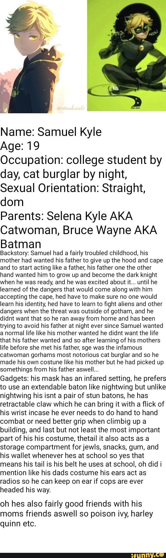 Name: Samuel Kyle
Age: 19
Occupation: college student by day, cat burglar by night,
Sexual Orientation: Straight, dom
Parents: Selena Kyle AKA Catwoman, Bruce Wayne AKA Batman
Backstory: Samuel had a fairly troubled childhood, his mother had wanted his father to give up the hood and cape and to start acting like a father, his father one the other hand wanted him to grow up and become the dark knight when he was ready, and he was excited about it... until he learned of the dangers that would come along with him accepting the cape, hed have to make sure no one would learn his identity, hed have to learn to fight aliens and other dangers when the threat was outside of gotham, and he didnt want that so he ran away from home and has been trying to avoid his father at night ever since Samuel wanted a normal life like his mother wanted he didnt want the life that his father wanted and so after learning of his mothers life before she met his father, sge was the infamous catwoman gorhams most notorious cat burglar and so he made his own costune like his mother but he had picked up somethings from his father aswell...
Gadgets: his mask has an infared setting, he prefers to use an extendable baton like nightwing but unlike nightwing his isnt a pair of stun batons, he has retractable claw which he can bring it with a flick of his wrist incase he ever needs to do hand to hand combat or need better grip when climbig up a building, and last but not least the most important part of his his costume, thetail it also acts as a storage compartment for jewls, snacks, gum, and his wallet whenever hes at school so yes that means his tail is his belt he uses at school, oh did i mention like his dads costume his ears act as radios so he can keep on ear if cops are ever headed his way.
oh hes also fairly good friends with his moms friends aswell so poison ivy, harley quinn etc.