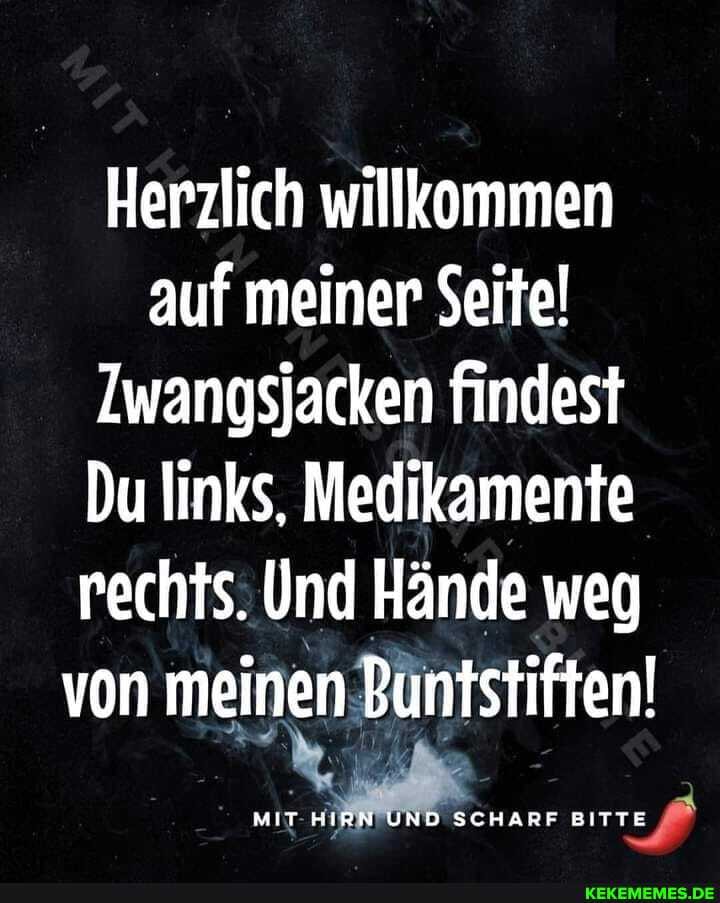 Herzlich willkommen auf meiner Seite!
Iwangsjacken findest
Du links, Medikamente rechts. Und Hände weg von meinen Buntstiften!
MIT HIRN UND SCHARF BITTE