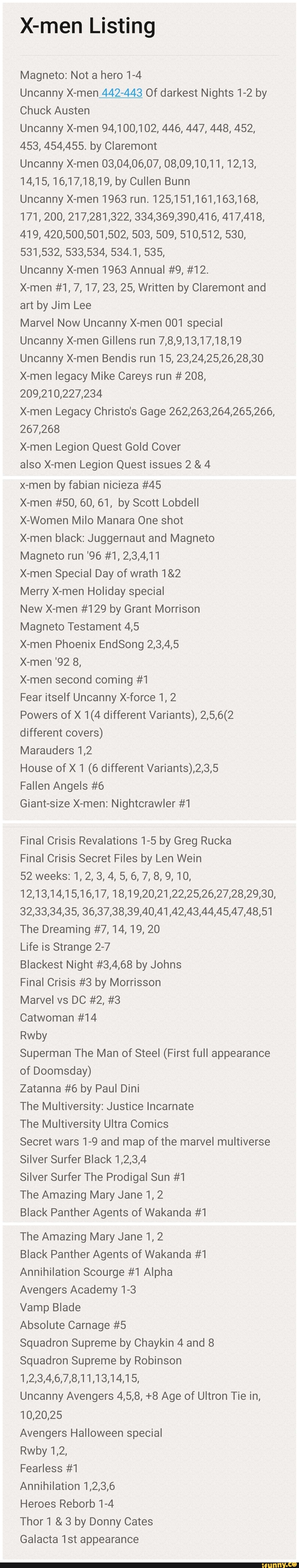 X-men Listing
Magneto: Not a hero 1-4
Uncanny X-men _442-443 Of darkest Nights 1-2 by
Chuck Austen
Uncanny X-men 94,100,102, 446, 447, 448, 452,
453, 454,455. by Claremont
Uncanny X-men 03,04,06,07, 08,09,10,11, 12,13,
14,15, 16,17,18,19, by Cullen Bunn
Uncanny X-men 1963 run. 125,151,161,163,168,
171, 200, 217,281,322, 334,369,390,416, 417,418,
Uncanny X-men 1963 Annual #9, #12.
X-men #1, 7, 17, 23, 25, Written by Claremont and
art by Jim Lee
Marvel Now Uncanny X-men 001 special
Uncanny X-men Gillens run 7,8,9,13,17,18,19
Uncanny X-men Bendis run 15, 23,24,25,26,28,30
X-men legacy Mike Careys run 208,
209,210,227,234
X-men Legacy Christos Gage 262,263,264,265,266,
267,268
X-men Legion Quest Gold Cover
also X-men Legion Quest issues 2 4
x-men by fabian nicieza #45
X-men #50, 60, 61, by Scott Lobdell
X-Women Milo Manara One shot
X-men black: Juggernaut and Magneto
X-men Special Day of wrath 1&2
Merry X-men Holiday special