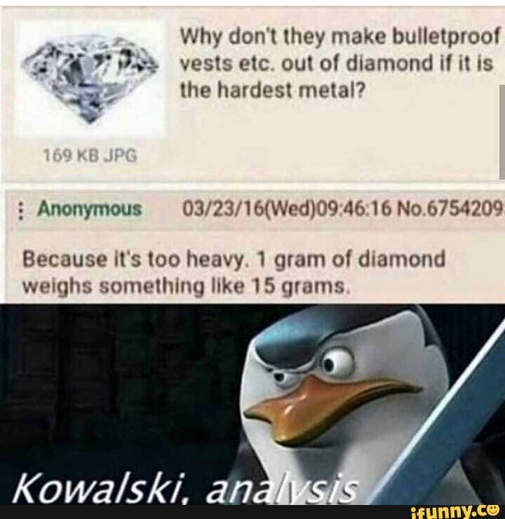 gee
Why don't they make bulletproof a Pos vests etc. out of diamond if it is
See the hardest metal? Anonymous 03/23/16(Wed)09:46:16 No.6754209
Because It's too heavy. 1 gram of diamond
weighs something like 15 grams