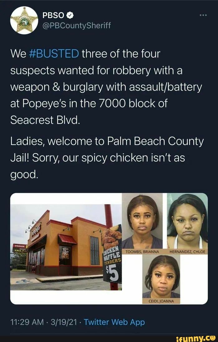 We #BUSTED three of the four suspects wanted for robbery with a weapon & burglary with at Popeye's in the 7000 block of
Seacrest Blvd.
Ladies, welcome to Palm Beach County
Jail! Sorry, our spicy chicken isn't as good.
CEIDI, JOANNA