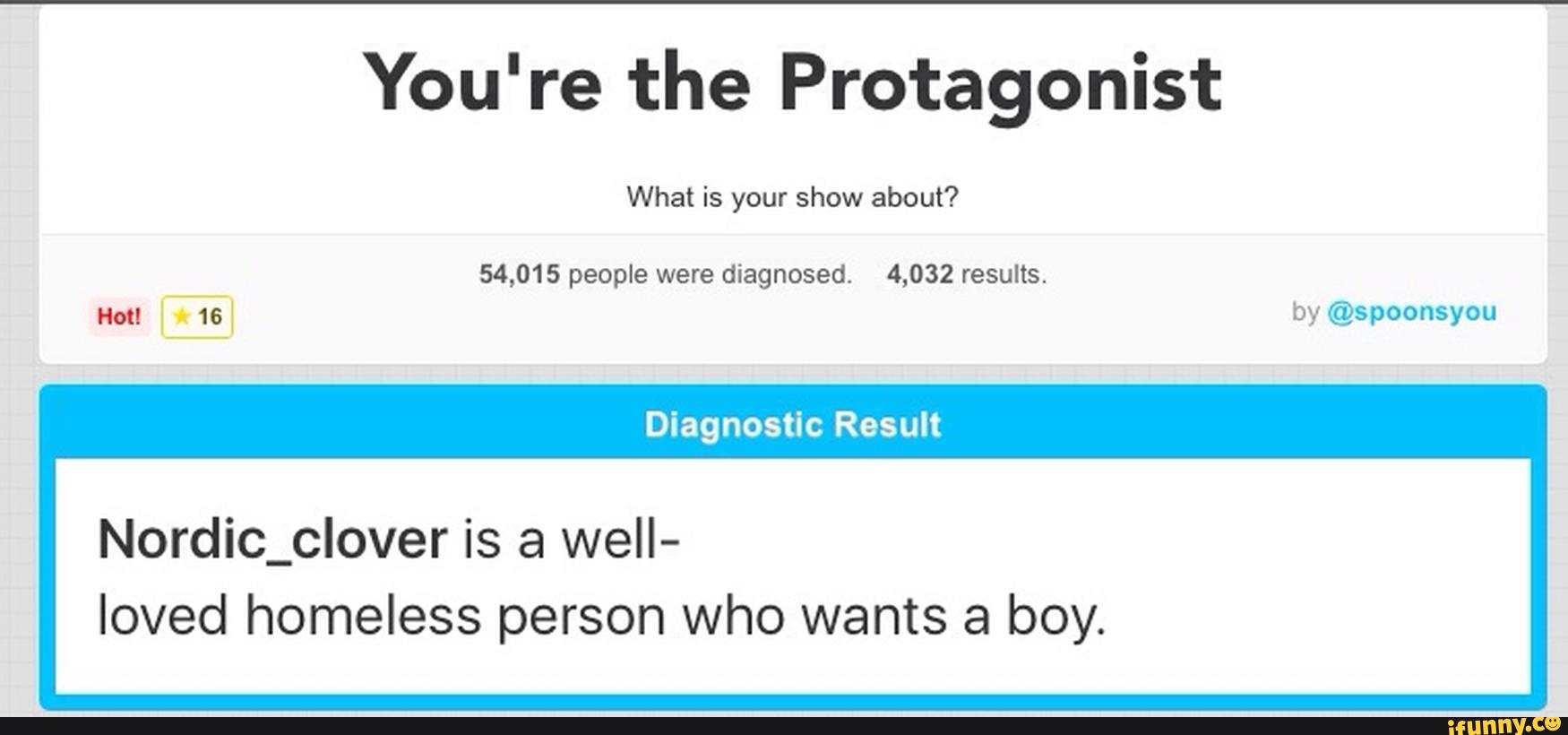 You're the Protagonist
What is your show about?
54,015 people were diagnosed. 4,032 results.
Not! 16 by @spoonsyou
Diagnostic Result
Nordic_clover is a well-
Ioved homeless person who wants a boy.