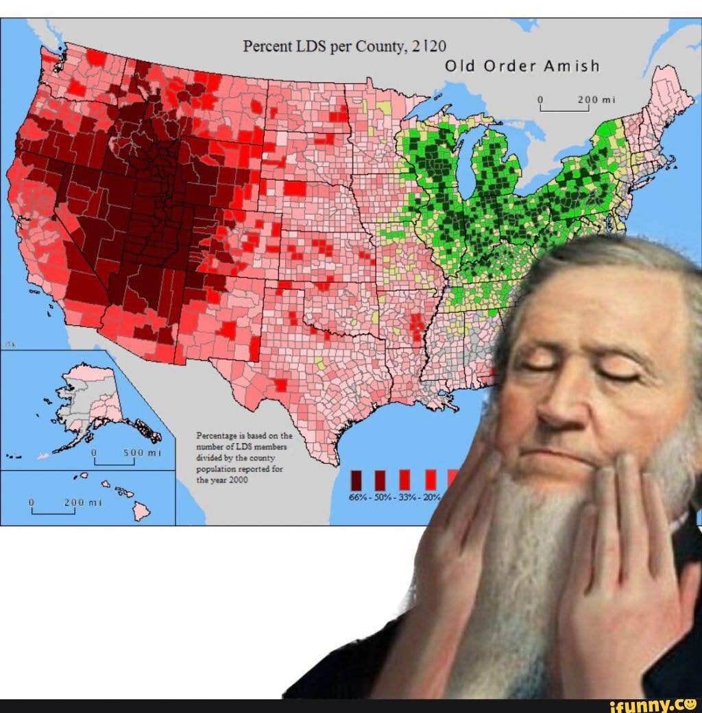 Percent LDS per County, 2120 Old Order Amish 200 mi Percentage is based