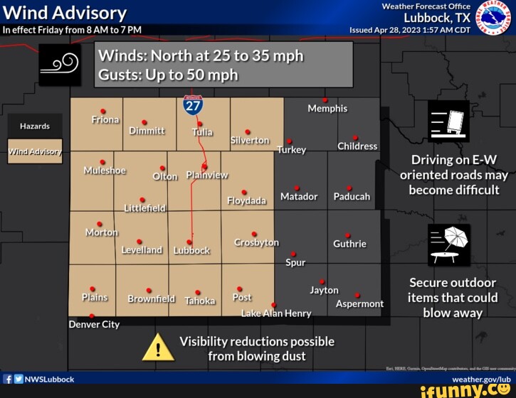 Wind Advisory Lubbock, TX Ineffect Friday from 8 AM to 7 PM Issued Apr