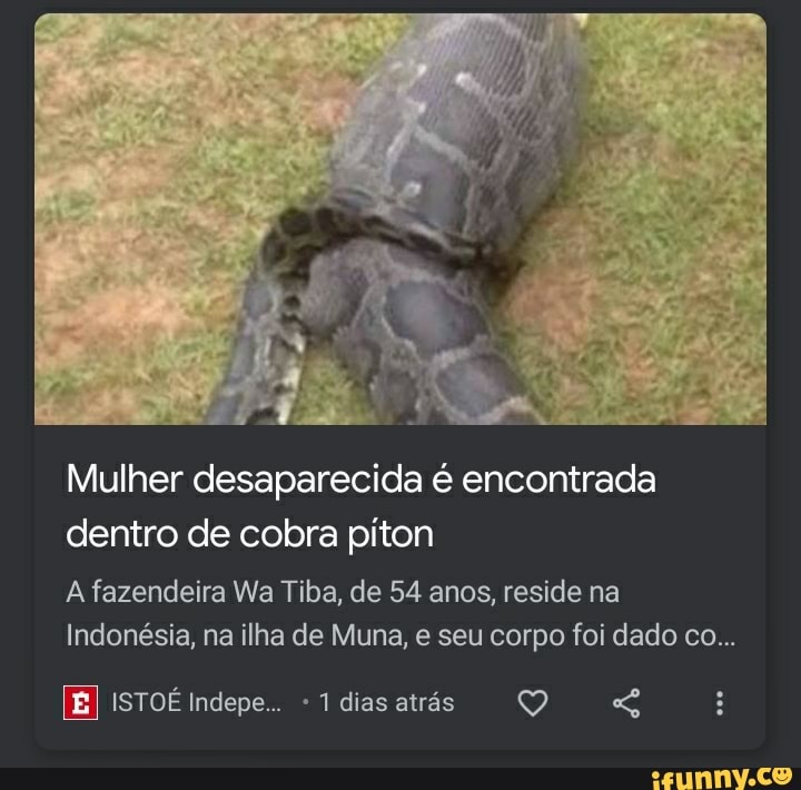 Mulher desaparecida é encontrada dentro de cobra piton
A fazendeira Wa Tiba, de 54 anos, reside na
Indonésia, na ilha de Muna, e seu corpo foi dado co...
ISTOÉ Indepe.. - 1 dias atrás