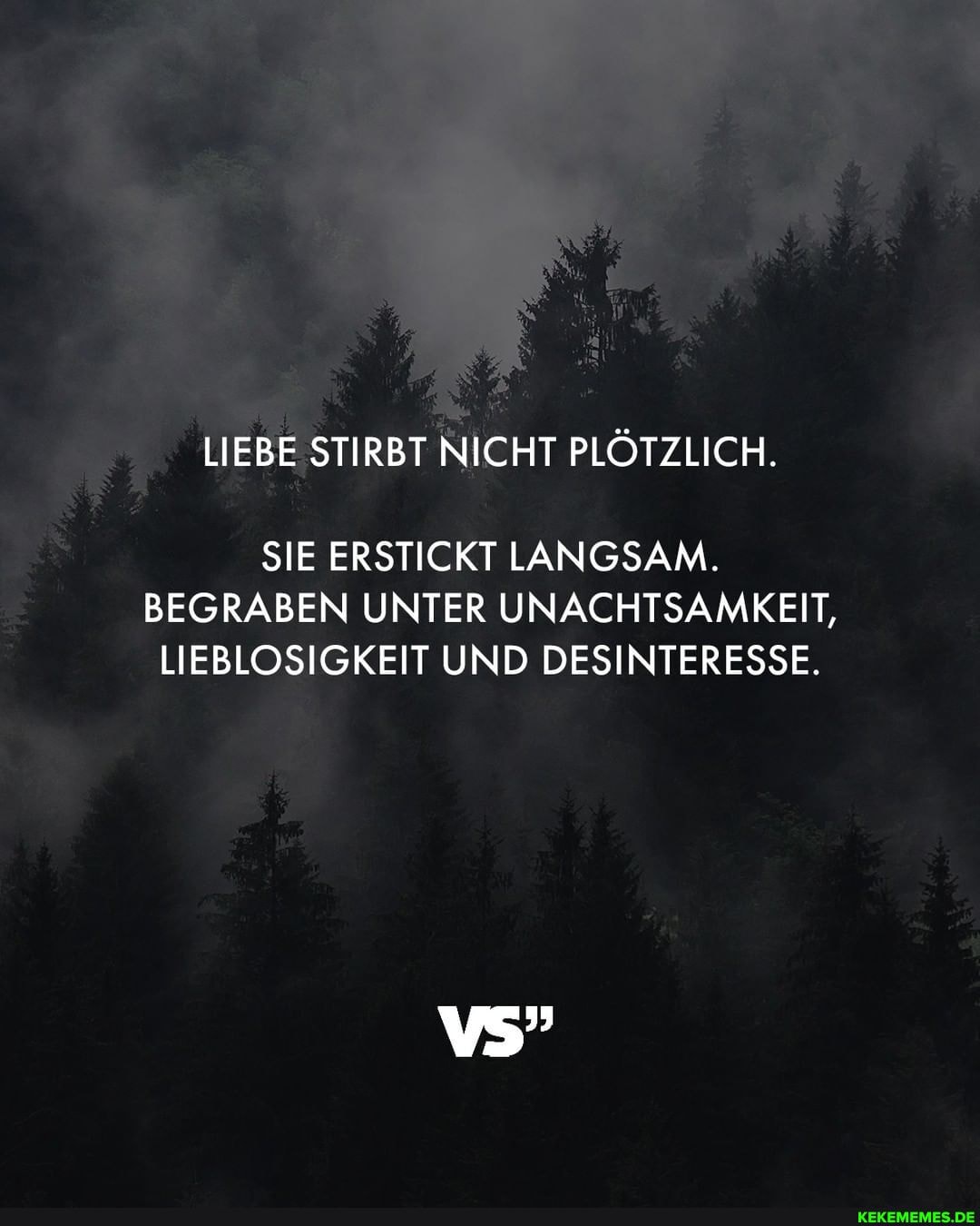 LIEBE STIRBT NICHT PLÖTZLICH.
SIE ERSTICKT LANGSAM.
BEGRABEN UNTER UNACHTSAMKEIT,
LIEBLOSIGKEIT UND DESINTERESSE.