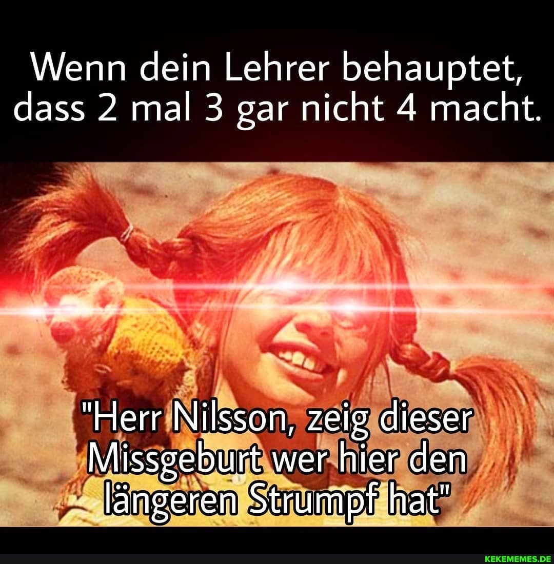 Wenn dein Lehrer behauptet, dass 2 mal 3 gar nicht 4 macht.
"Herr Nilsson, zeig dieser
Missgeburt wer hier den längeren Strumpf hat"