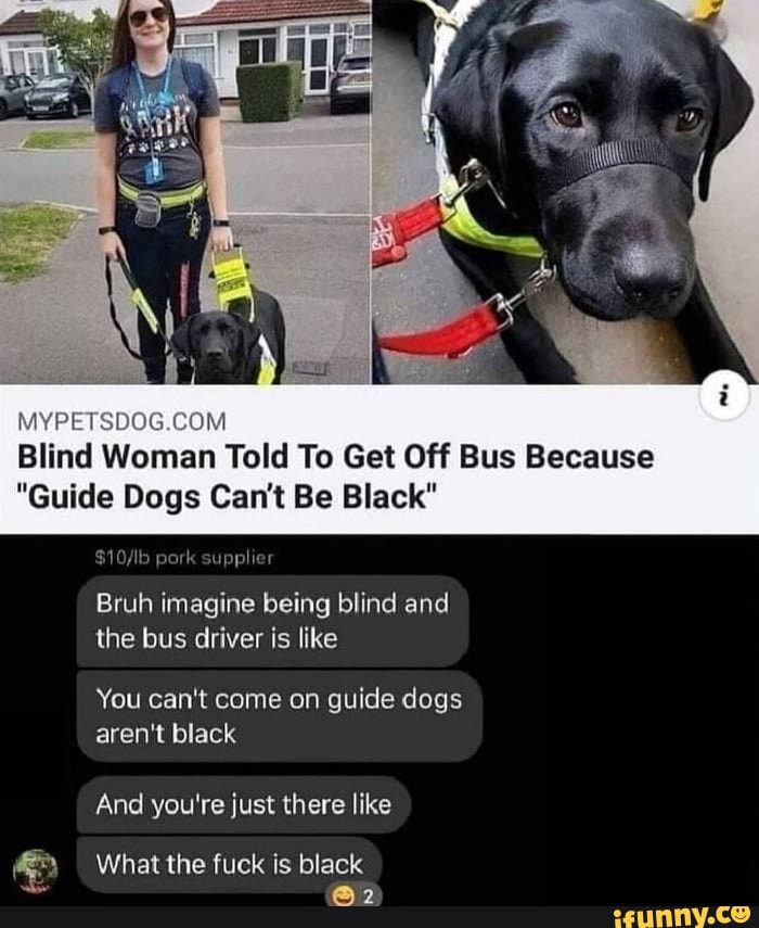 MYPETSDOG.COM
Blind Woman Told To Get Off Bus Because
"Guide Dogs Can't Be Black
Bruh imagine being blind and
the bus driver is like
You can't come on guide dogs
aren't black
And you're just there like