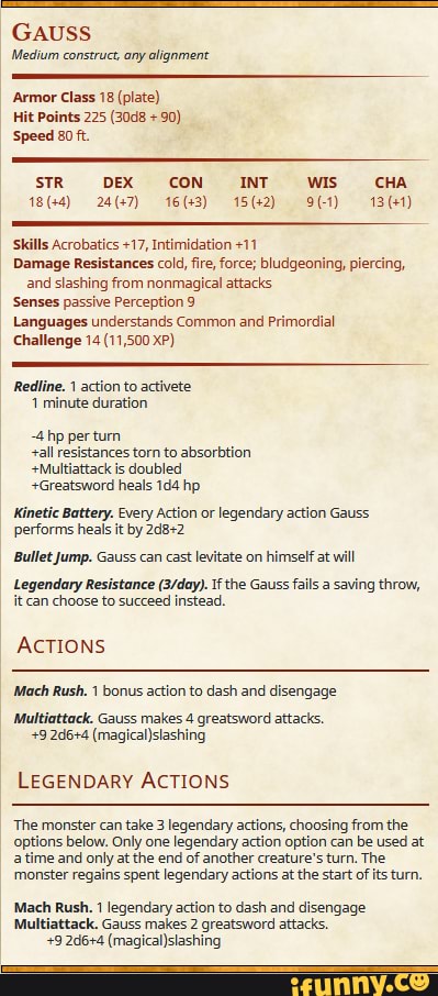 Gauss Medium construct, any alignment 'Armor Class 18 (plate) Hit ...