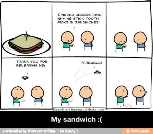 I NEVER UNDERSTOOD
WHY WE STICK TOOTH
PICKS IN SANDWICHES:
THANK YOU FOR FAREWELL!
My sandwich - My sandwich :(