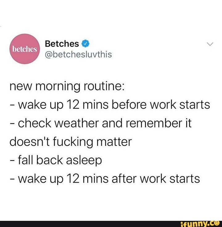 new morning routine:
- wake up 12 mins before work starts
- check weather and remember it doesn't fucking matter
- fall back asleep
- wake up 12 mins after work starts