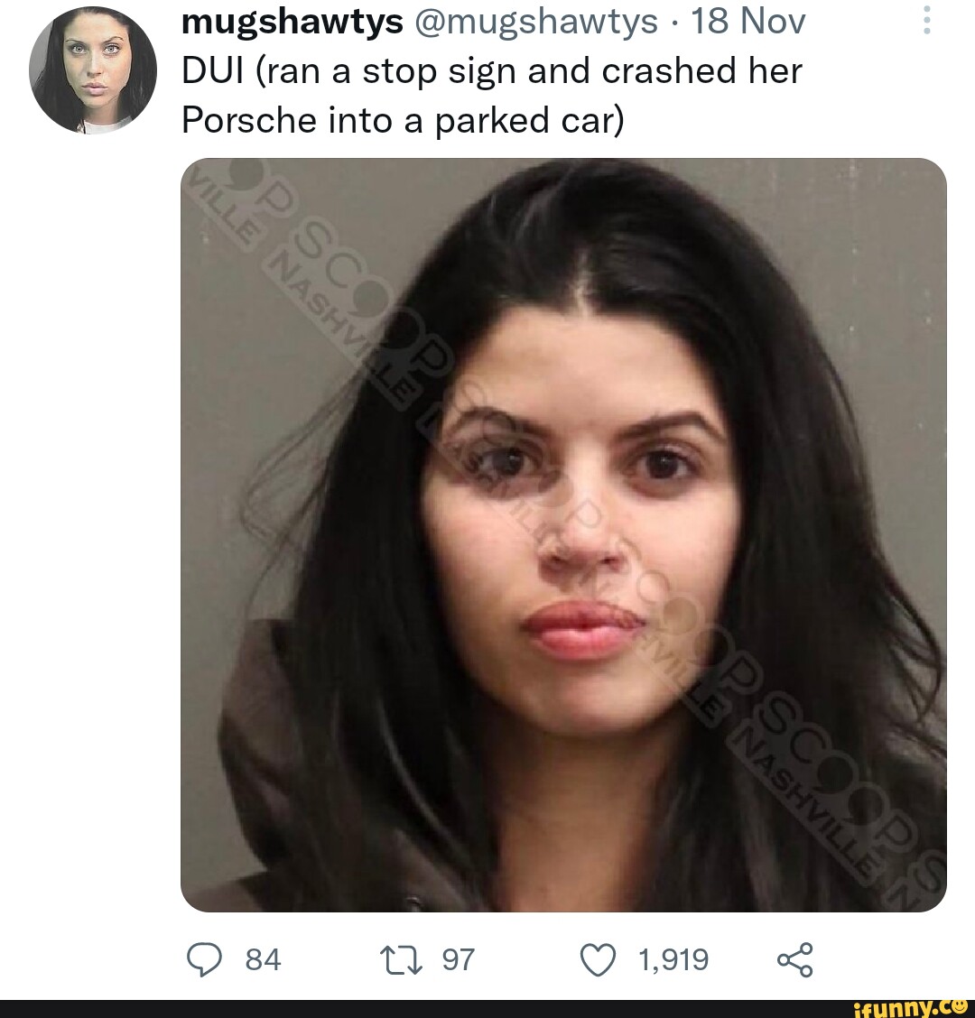 Mugshawtys @mugshawtys 18 Nov DUI (ran a stop sign and crashed her ...