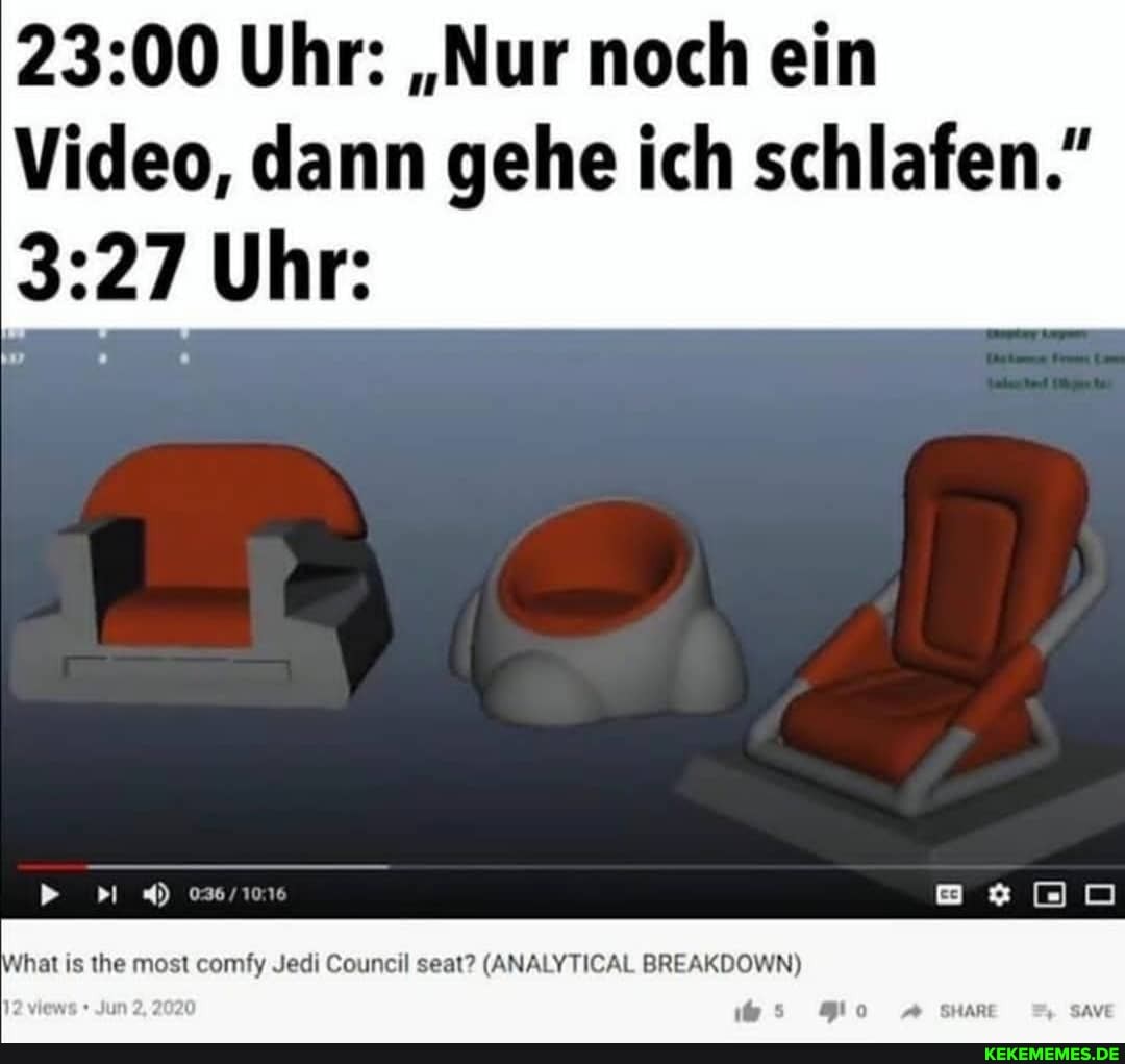 Uhr: "Nur noch ein
Video, dann gehe ich schlafen."
Uhr:
Nhat is the most comfy Jedi Council seat? (ANALYTICAL BREAKDOWN)