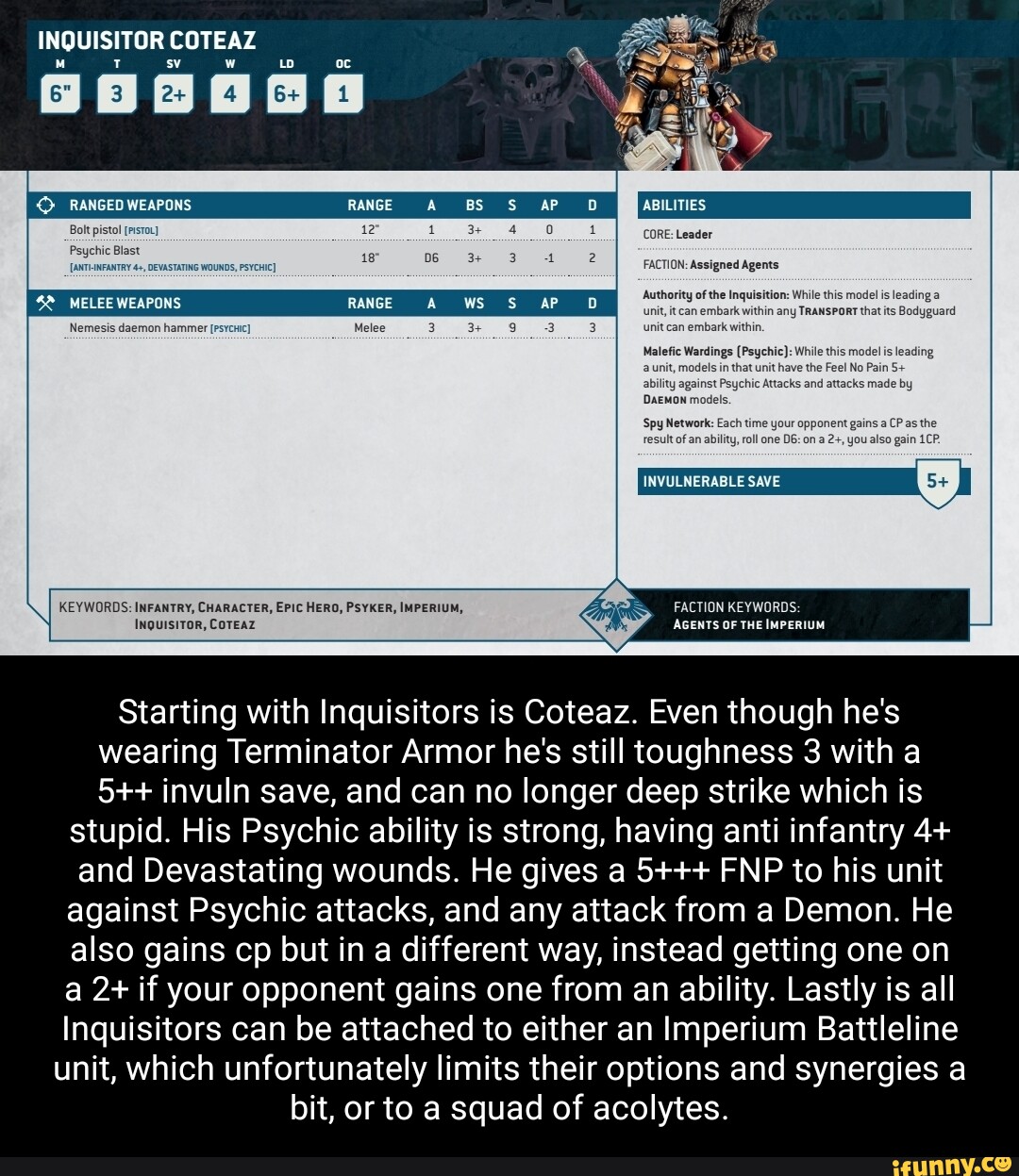 INQUISITOR COTEAZ MELEE RANGED WEAPONS RANGE BS ABILITIES CORE: Leader ...