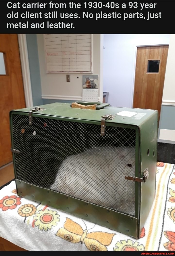 Cat carrier from the Os a 93 year old client still uses. No plastic parts, just metal and leather.