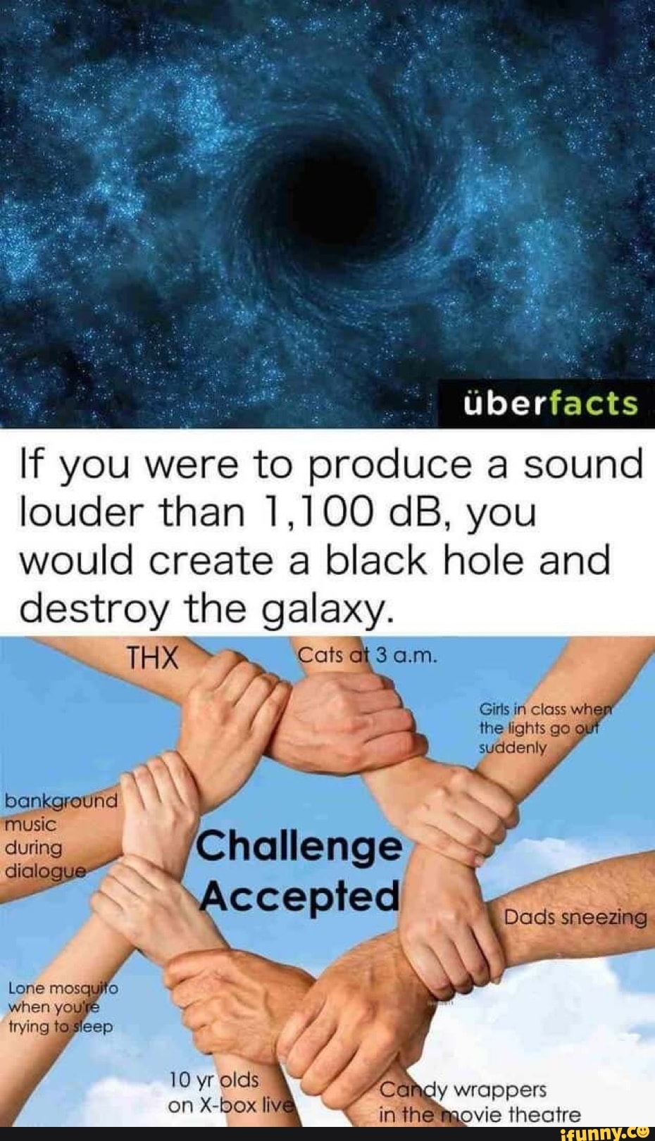 If you were to produce a sound louder than 1,100 dB, you would create a black hole and destroy