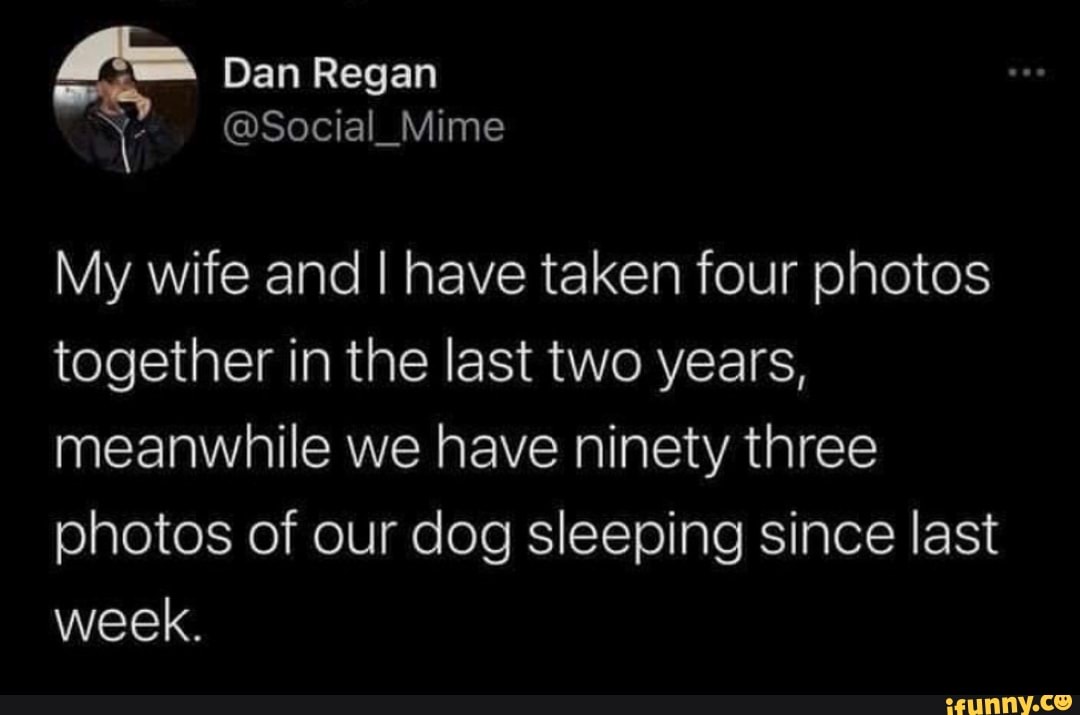 f= Dan Regan
@Social_Mime
My wife and I have taken four photos together in the last two years, meanwhile we have ninety three photos of our dog sleeping since last week.