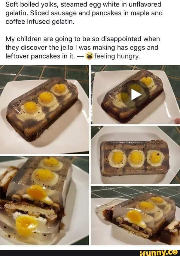 Soft boiled yolks, steamed egg white in unflavored gelatin. Sliced