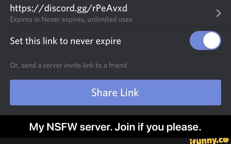 Expires in Never expires, unlimited uses
Set this link to never expire
My NSFW server. Join if you please. - My NSFW server. Join if you please.