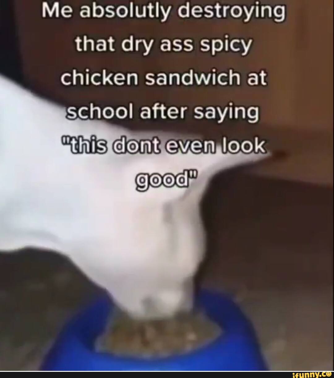 Me absolutly destroying that dry ass spicy chicken sandwich at school ...