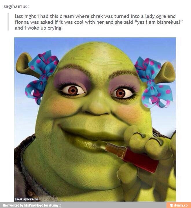 last night i had this dream where shrek was turned mm a lady ogre and
fionna was asked « it was cool with her and she said "yes i am blshrekual"
and 1 wake up crymg