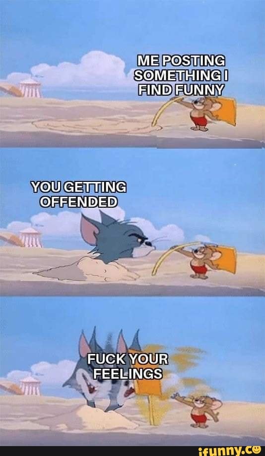 ME POSTING SOMETHING FIND FUNNY
YOU GETTING OFFENDED
FUCK YOUR FEELINGS