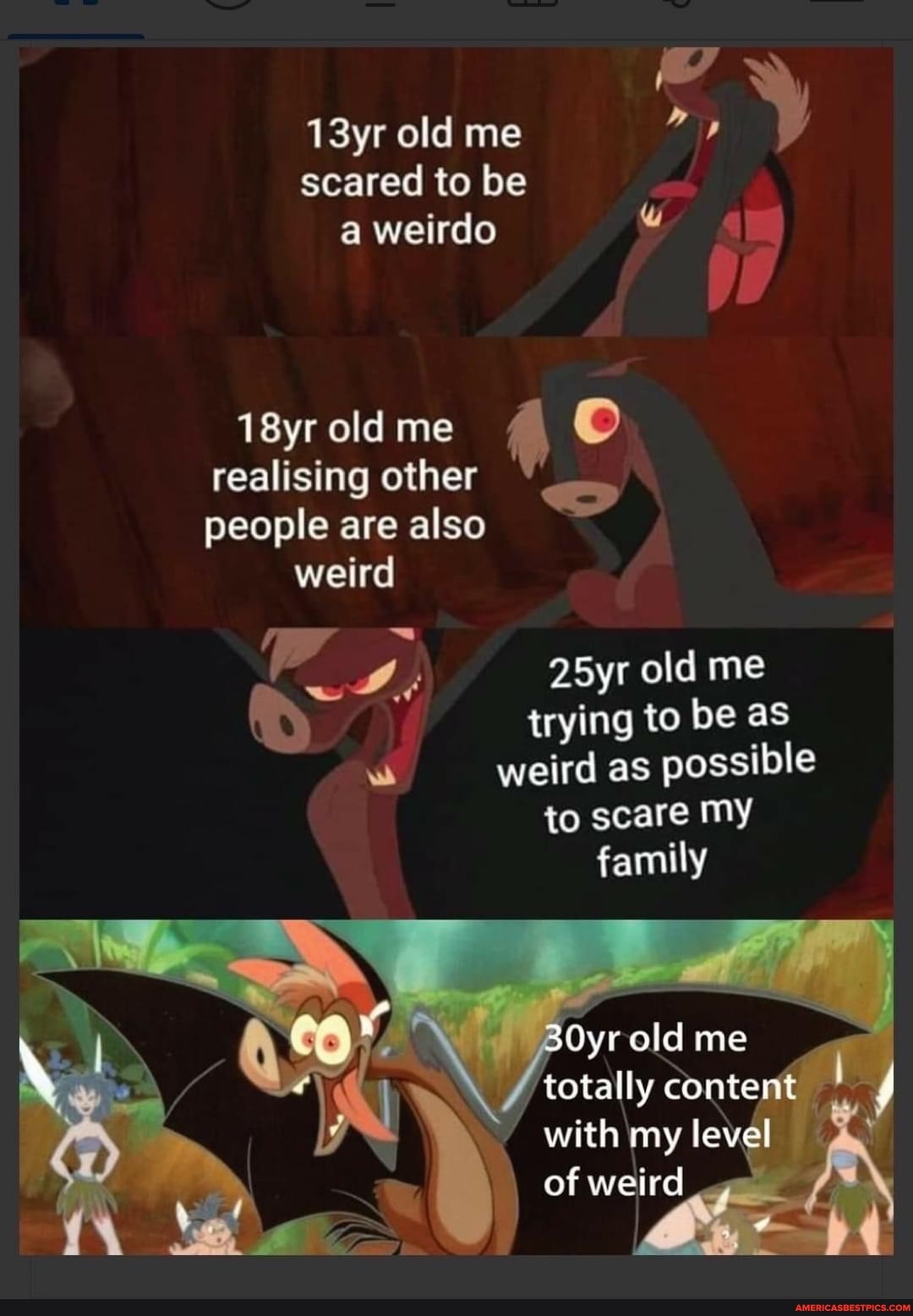 13yr old me
e
scared to be
a weirdo w po
18yr old me
realising other
OED
people are also
(4 AS 25yr old me
trying to be as
Me
weird as
possible
to scare my
family