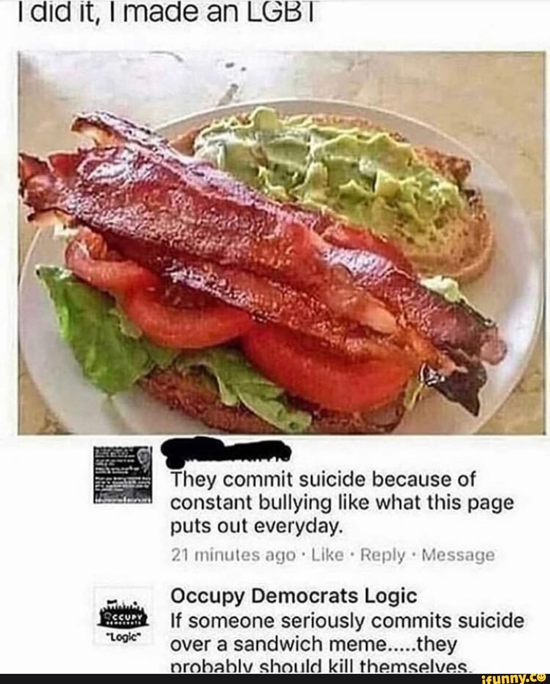 I did it, I made an LGB I
They commit suicide because of
constant bullying like what this page
puts out everyday.
21 minutes ago Reply Message
Occupy Democrats Logic
ttt If someone seriously commits suicide
over a sandwich meme.....they
norohablv should kill themselves.