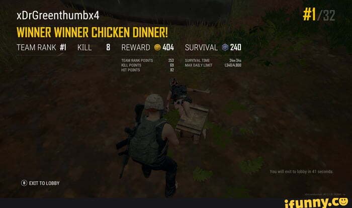 xDrGreenthumbx4
WINNER WINNER CHICKEN DINNER!
TEAM RANK #1 KILL REWARD @404 SURVIVAL @ 240